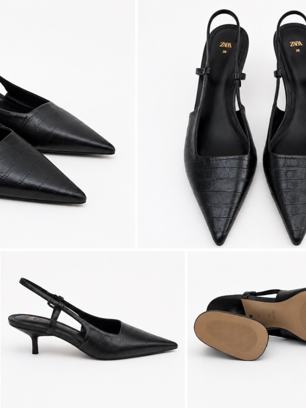 Zara Black Slingback Kitten Heels Women’s EU 39 Pointed Toe Textured Pumps